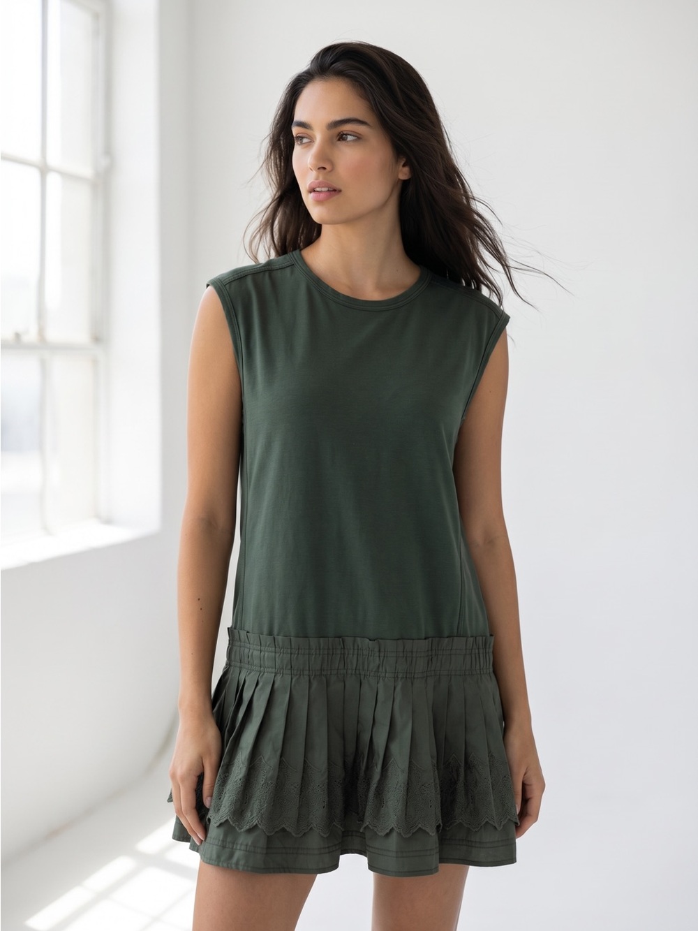 Anthropologie Daily Practice Solid Set Olive Green Sleeveless Pleated Mini Dress